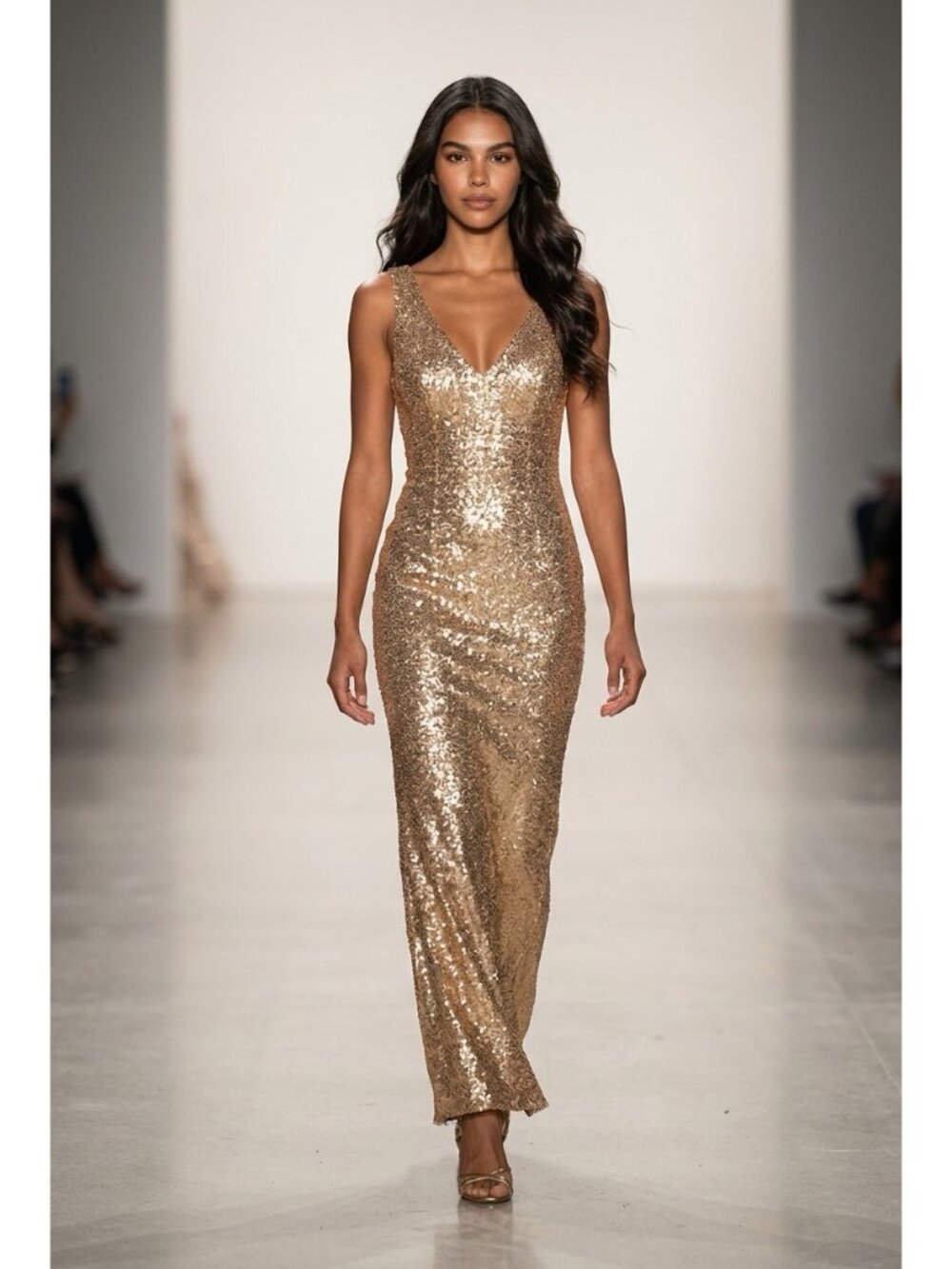 Crystal Doll Gold Sequin Sleeveless Gown With V-Neckline And Back Zipper Closure
